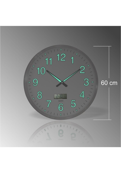 Büyük Dev 60 Cm Aluminyum Çerçeveli Fosforlu Dijitali Duvar Saati Gümüş