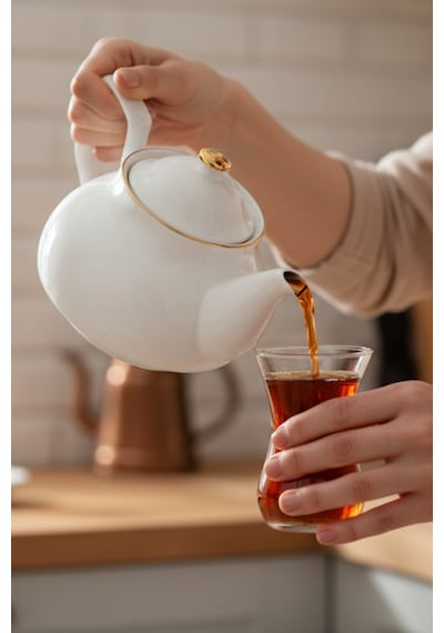 Altın Yaldızlı Porselen Demlik Sade 650 Ml Beyaz