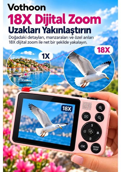 4k Dijital Fotoğraf Makinesi 18x Dijital Zoom 64 Mp Ön Ve Arka Ekranlı Kompakt Kamera Pembe