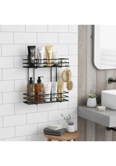 Yapışkanlı 2 Katlı Banyo Rafı Duş Şampuanlık Duvar Düzenleyici Organizer 000 Açık Krem