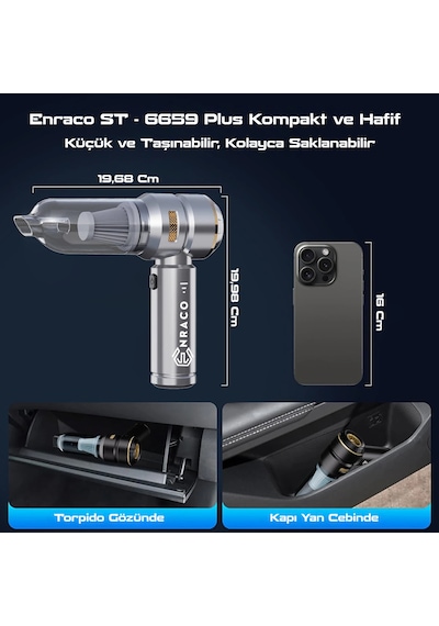 Enraco St-6659 Plus 16000pa Güçlü Portatif Taşınabilir Vakumlu Kablosuz Üflemeli Araç Süpürgesi