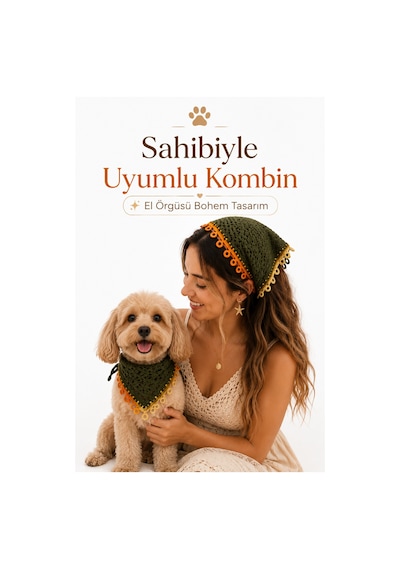 Kadın Ve Köpek Kombin Bandana El Örgüsü Bohem Stil Uyumlu Anne Köpek Bandanası Ayarlanabilir Tasarım Haki