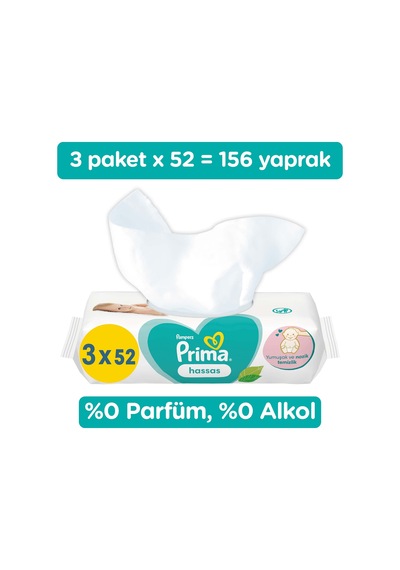 Prima Islak Havlu 3 Paket 156 Yapraklı Sensitive Islak Mendil 6 Paket