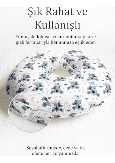 Sevimli Koala Desenli Pamuklu Boyun Yastığı - Pastel Gri Pembe Çocuk & Yetişkin Seyahat Yastığı Çok Renkli