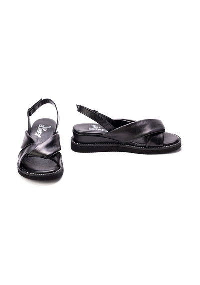 Twoegoist Kadın Hakiki Deri Günlük 5cm Dolgu Topuklu Rahat Kalıp Sandalet Siyah