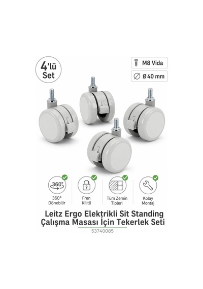 Leitz Ergo Elektrikli Sit Standing Çalışma Masası İçin Tekerlek Seti 4'lü - Gri 53740085 Çok Renkli