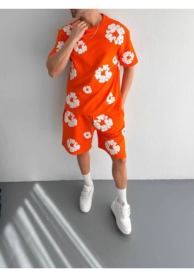 Reka Moda İki İplik Kumaş Baskılı T-shirt Şortlu Takım- Turuncu Turuncu