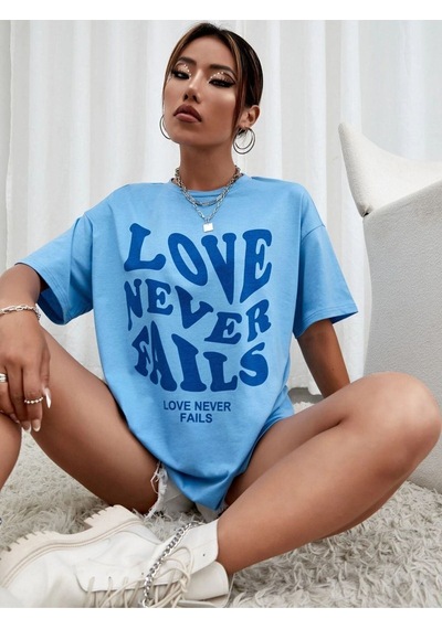 Flood Of Style Kadın Mavi Love Never Faıls Baskılı Oversize Bisiklet Yaka Tshirt