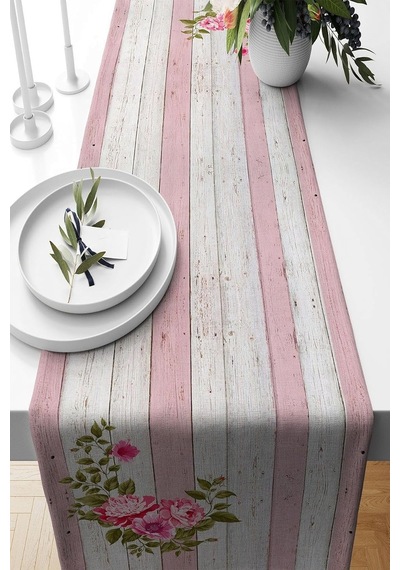 Pelangi Pembe Vintage Gül Desenli Leke Tutmaz Kumaş Salon Mutfak Masa Değişik Ranır Modelleri Runner, Pembe-beyaz 40 X 140