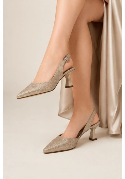 Sovenso Lurezza Suni Deri Tül Detaylı Gold Sivri Burunlu Stiletto