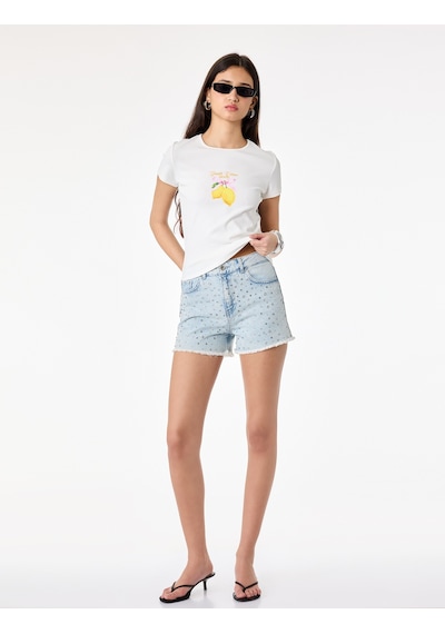 Koton Slim Fit Bisiklet Yaka Pamuklu Kısa Kollu Limon Baskılı Tişört Ekru 6sal10911ık