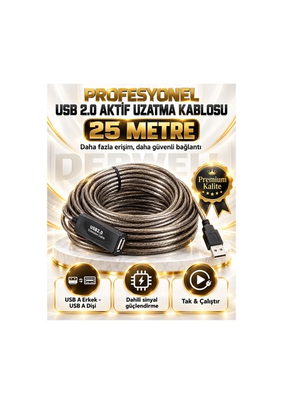 Yeni 2026 25 Metre Usb 2.0 Aktif Uzatma Kablosu Dahili Güçlendirilmiş Sinyal Çipli Kopma Donma Yapmaz Tak Çalıştır Erkek Dişi Yüksek Hızlı Kararlı Veri Aktarım Kablosu Gold Seri Premium