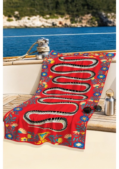Yılan Figürlü Çiçekli Bohem Plaj Havlusu - Kırmızı Etnik Modern Hızlı Kuruyan Mikrofiber Havlu Örtü Uçuk Zeytin