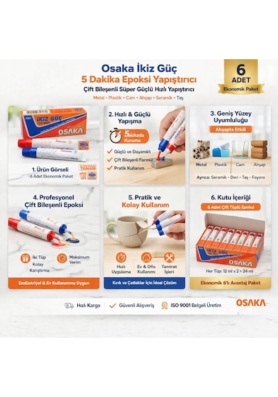 Osaka İkiz Güç 5 Dakika Epoksi Yapıştırıcı Çift Bileşenli Güçlü Hızlı Yapıştırıcı 6 Adet