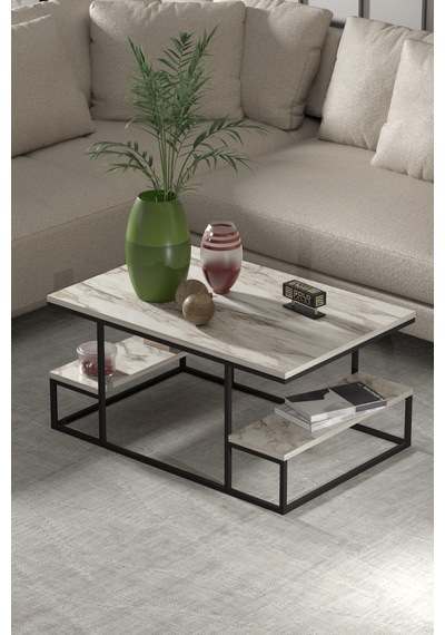 Reyo Falez Deluxe Raflı Orta Sehpa 60x90 Cm Modern Dikdörtgen Orta Sehpa Mermer Desen