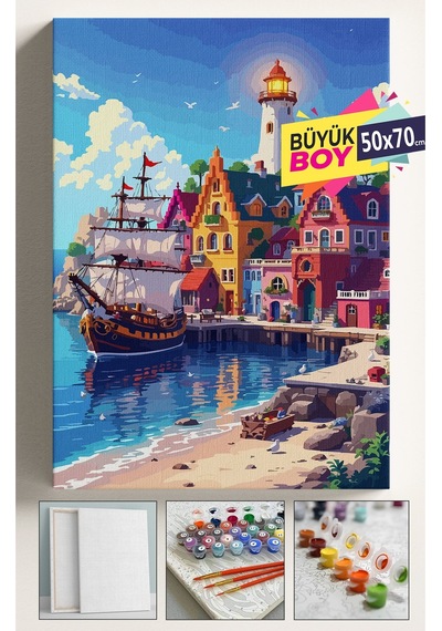 Sayılarla Boyama Seti Numaralı Tuval Fırça Boya Dahil Kasnaklı Set 50x70 Cm - Liman Manzara