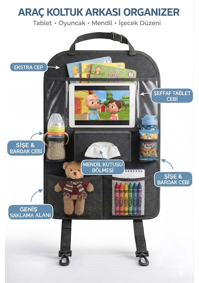 2 Adet Araç İçi Koltuk Arkası Organizer Koruyucu Kılıf Eşya Düzenleyici Tablet Tutucu Organizer