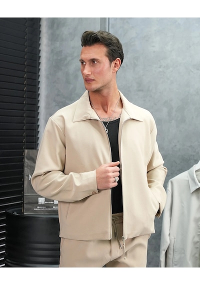 Modefendi Düz Kumaş Oversize Fermuarlı Alt Üst Jogger Takım Bej