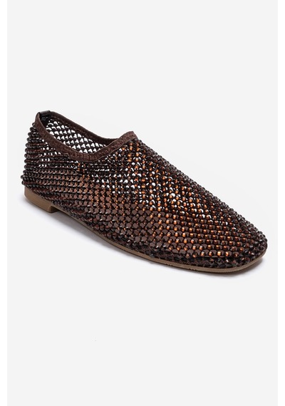 Luvishoes Urela Kahverengi Örgü Taşlı Hakiki Deri Kadın Babet Ayakkabı