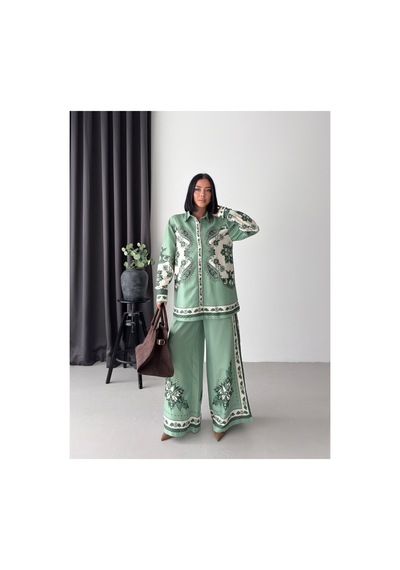 Wellway İthal Chokellaa Kumaş Çiçekli Tunik Gömlek & Pantolon 2li Takım-yeşil -26123 Yeşil