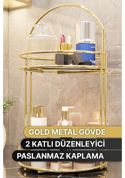 Banyo Düzenleyici 2 Katlı 40 Cm Gold Lüks Düzenleyici Organizer Banyo Rafı Şampuanlık Dekoratif Gold Banyo Düzenleyici 2 Katlı 40 Cm Gold Lüks Düzenleyici Organizer Banyo Rafı Şampuanlık Dekoratif Gold