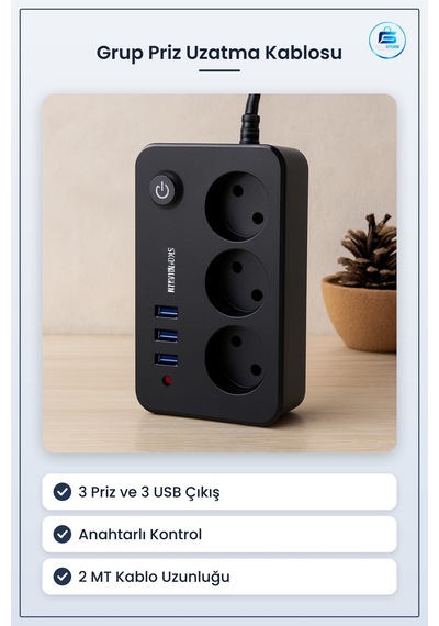 Grup Priz Uzatma Kablosu 3 Prizli Usb Anahtarlı Termal Akım Korum 1 - 10 M