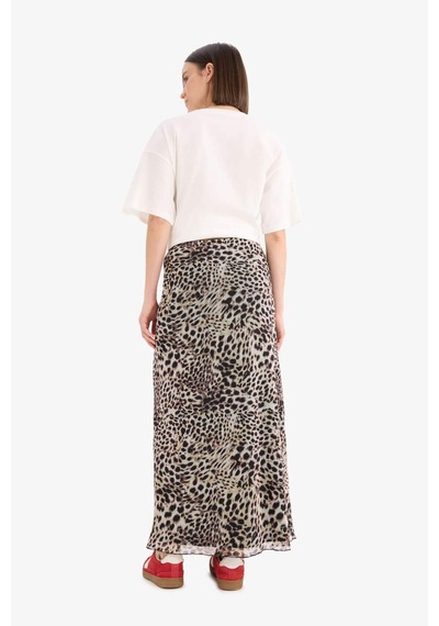 DeFacto Coool A Kesim Leopar Desenli Yüksek Bel Penye Astar Tül Maxi Etek D7077AX25SPBG294