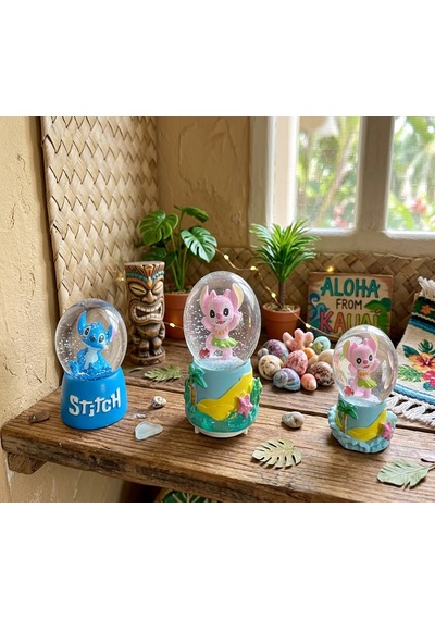 9cm-6cm Işıklı Pembe Ve Mavi Renk Ve Sarı Altlık 11cm X7 Cm Pilli Pembe Işıklı Hediyelik-dekoratif 3 Lü Stitch Kar Küresi 1