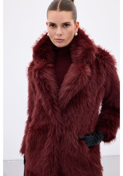 Sateen Çıt Çıt Detaylı Kürk - Bordo-136677 Bordo