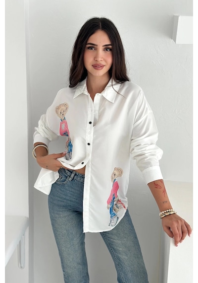Asprin Fashion Ayıcık Baskılı Gömlek Beyaz Beyaz