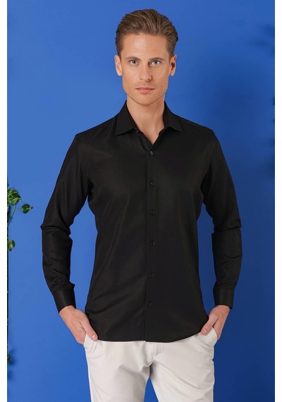 Efor Gk 719 Slim Fit Dokulu Pamuklu Klasik Siyah Gömlek Siyah