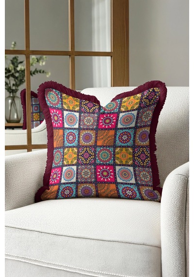 Mandala Patchwork Saçaklı Yastık Kılıfı - Etnik Renkli Bohem Mor Püsküllü Kırlent Kılıfı Koyu Lavanta Karamel Mandala Patchwork Saçaklı Yastık Kılıfı - Etnik Renkli Bohem Mor Püsküllü Kırlent Kılıfı Koyu Lavanta Karamel
