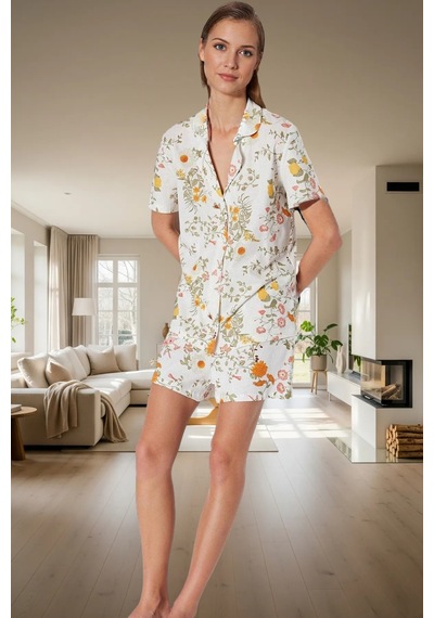 Ersefa Rahat Pamuklu Pijama Takımı Çiçek Desenli Kısa Kollu Gömlek Yaka Çok Renkli