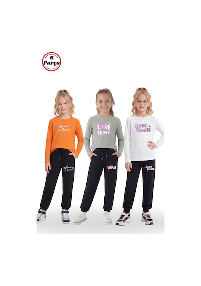 Panios Kids 3'lü Yuvarlak Yaka Sweatshirt Siyah Eşofmanlı Baskı Detaylı 6 Parça Kız Çocuk Alt Üst Takım Turuncu - Beyaz