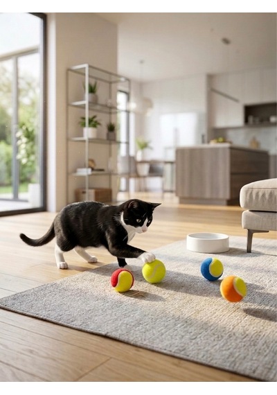 4'lü Renkli Tenis Topu Kedi Köpek Oyuncağı Seti - İnteraktif Isırma Ve Yakalama Topu