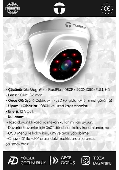 Turkno 8 Kameralı Galia 2 İç Kamera Set 1 TB HDD Full HD Gece Görüşlü Güvenlik Kamerası Sistemi