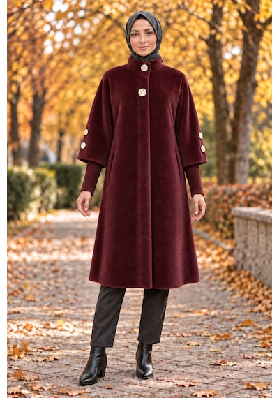 Gold Düğmeli Uzun Kaban-bordo-5992