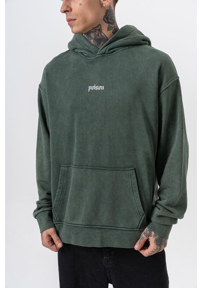 Respire Erkek Snake Baskılı Yıkamalı Kapüşonlu Oversize Hoodie Yeşil