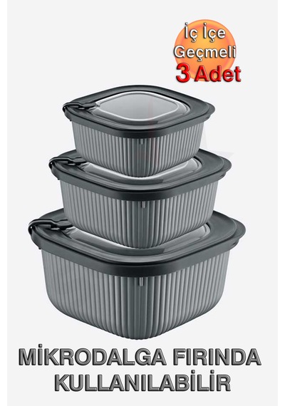 Micro Line Kare Saklama Kabı 600, 1100, 1800 Ml Üçlü Set Antrasit