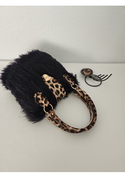 Fikriharika Design Leopar Detaylı, Siyah Tüylü, Kadın El Çantası Siyah