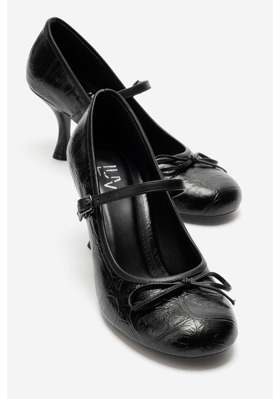 Luvi Shoes Acland Siyah Baskı Fiyonklu Kadın Topuklu Ayakkabı