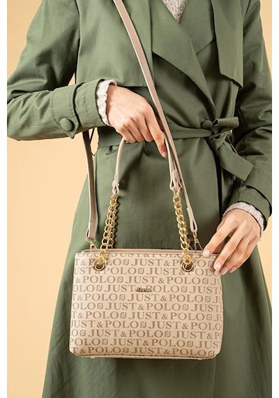 Just Polo Kadın Baskılı Uzun Ayarlanabilir Askılı Şık El Ve Omuz Çantası Shoulder Bag Kum