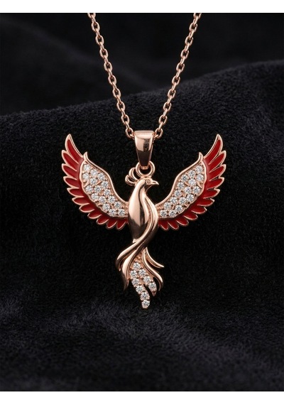 925 Ayar Gümüş Zümrüdüanka Kuşu Kolye - Rose Gold Kaplama Kırmızı Mineli Kadın Kolye Rzn10364 Gümüş
