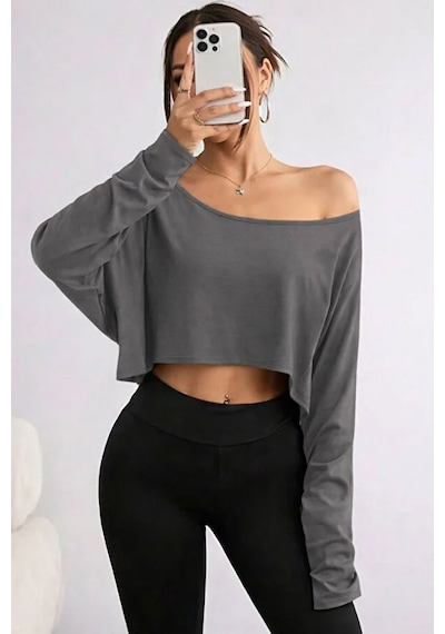 Kadın Düşük Omuz Kayık Yaka Oversize Uzun Kollu Crop T-shirt Antrasit