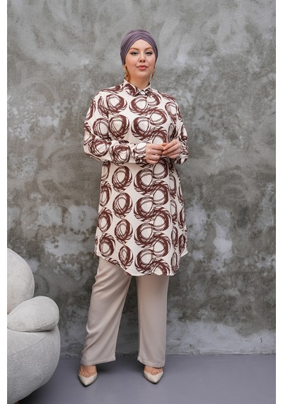 Polologin Butik Daire Desenli Kahverengi Krem Tunik Çok Renkli