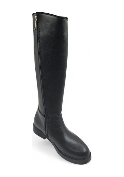 Melen Shoes Glace Siyah Düz Taban Ve Fermuarlı Rahat Kadın Çizme Siyah