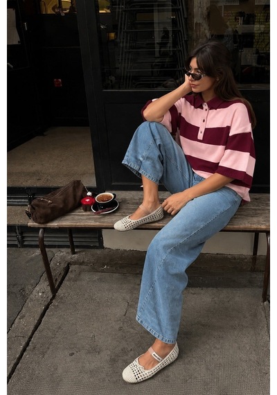 Bordo Çizgili Polo Yaka Basic Kadın Tişört Mg2833