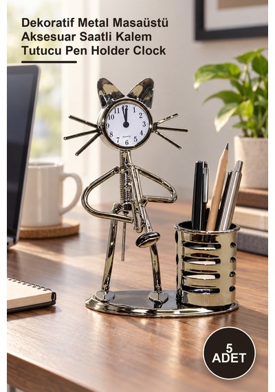 5 Adet Metal Saksafon Çalan Kedi Müzisyen Masa Saati Ve Kalemlik Dekoratif Metal Masaüstü Aksesuar Saatli Kalem Tutucu Pen Holder Clock