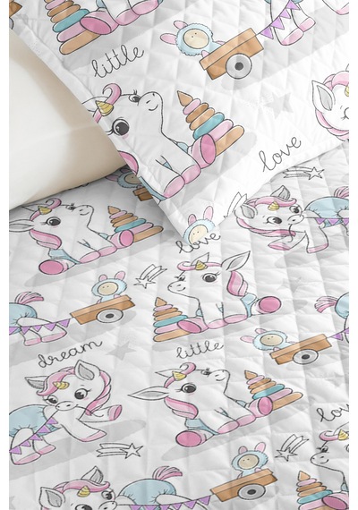 Evimde Bambaşka Unicorn Pembe Pastel Kız Çocuk Pike Takımı - Sevimli Beyaz Gri Bebek Odası Yatak Örtüsü - 160x220  CM