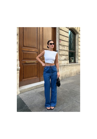 Kene Jeans Yüksek Bel/beli Lastikli Bağıcıklı Bol Paça Jeans Mavi